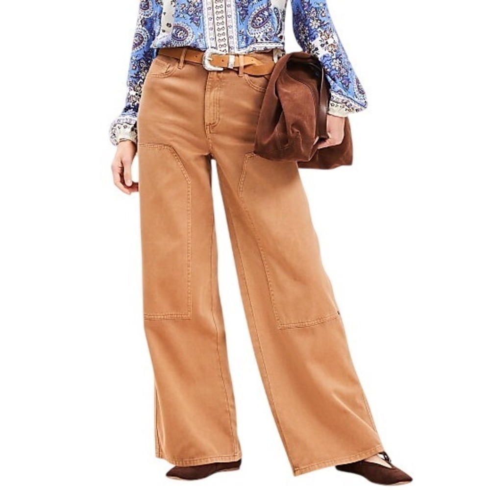 LOFT Women's Wide Leg Twill Carpenter Pants Camel Tan Size 14 Minimalist Neutral